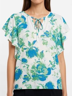 NWT Counterparts Blue & Green Floral Flutter Sleeve Blouse - Size M